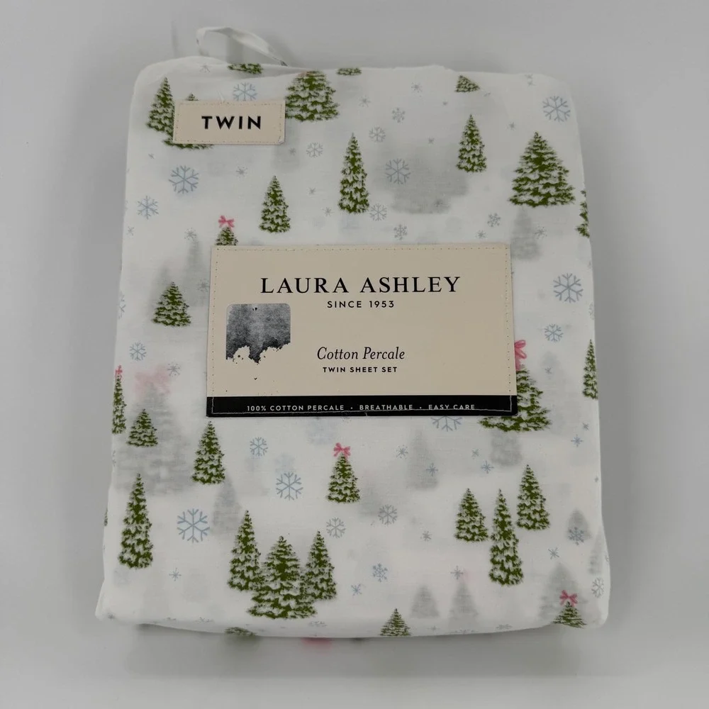 Laura Ashley Twin Sheet Set Cotton Percale Christmas Tree Snowflake White Green